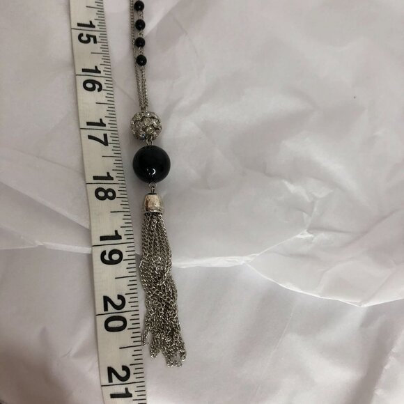 Tassel Takeover Silver Rhinestone Black Beaded 32" Long Necklace With Earrings - Picture 4 of 4